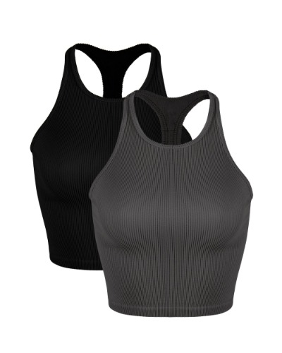 ODODOS Women's Crop 3-Pack Washed Seamless Rib-Knit Camisole Crop Tank Tops - Black+carbon (Tank) Medium-Large