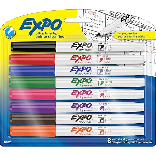 EXPO Low Odor Dry Erase Markers, Ultra-Fine Tip, Assorted Colors, 8 Count - 8 Count - Markers
