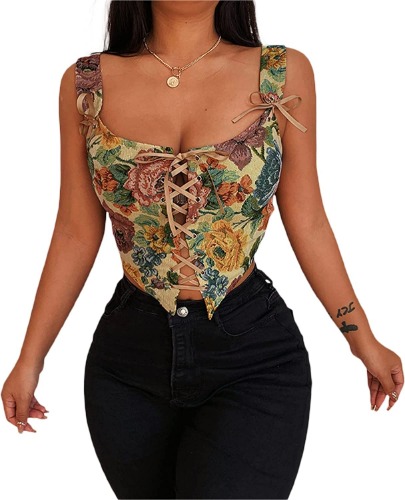 Bowanadacles Women Vintage Floral Camisole Flower Embroidery Pattern Tight Vest Drawstring Tie-up Tank Top Suspender Corset - Khaki Medium