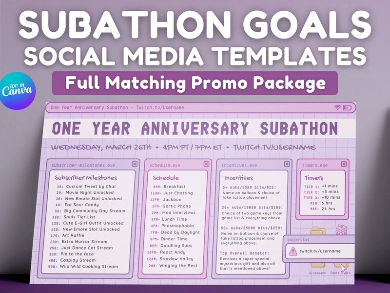 Purple Retro Lofi Twitch Subathon Social Media Package | Twitch Stream Subathon | Cute Pastel Purple Aesthetic, Cozy Lofi Windows, Kawaii