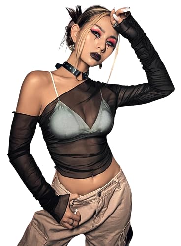 Rave Crop Mesh Top for Women - 70s Asymmetrical Neck Y2K Long Sleeve Fairycore Clothing Festival Blouse Sheer Shirt - Large - Black