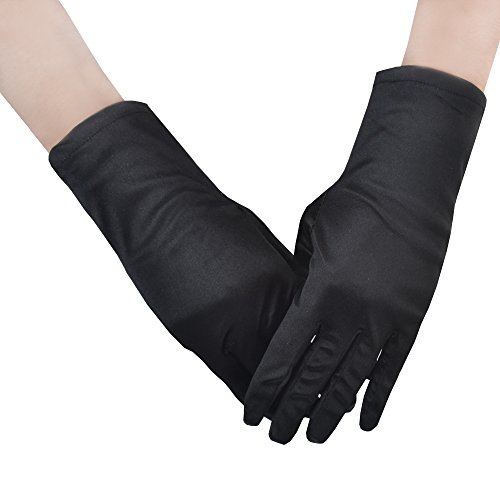 (Love Me Land cosplay) JISEN Women 1920s Satin Velvet gloves Formal Bridal Banquet Party Wedding Opera Colorful Mitten - 9 Inch A-black