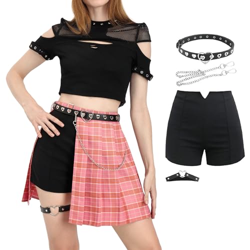 (JD 2024 cosplay) PROCOS Women's Punk Skirt with Shorts Asymmetrical Skirt High Waist Plaid Pleated Goth Mini Skirt - Large - Red Plaid