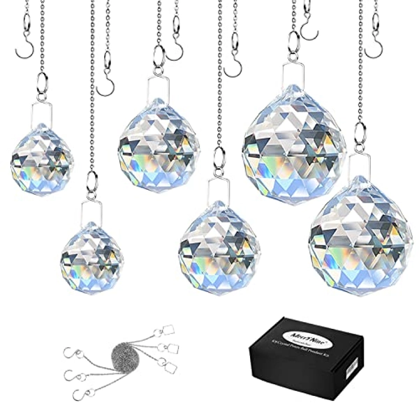 MerryNine 6 Pcs Clear Crystal Ball Prism Sun Shine Catcher Rainbow Pendants Maker, Hanging Crystals Prisms for Windows, for Feng Shui, for Gift (30mm/40mm/50mm 6Pack)