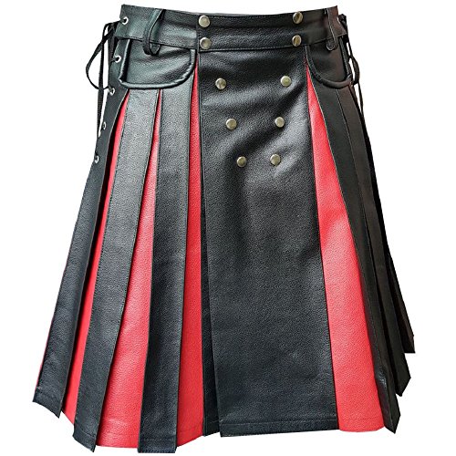 Mens Black Red Leather Gladiator Pleated Utility Kilt Flat Front Pocket Wrap - WAIST 30'' X LENGTH 24''
