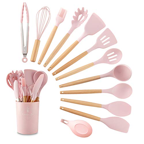 Silicone Kitchen Utensils: 13 Pieces Cooking Spatula Set with Wood Handle - Heat Resistant Kitchen Gadgets Tools for Non-Stick Cookware(Pink) - Pink