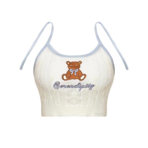 Blue & Cream Cozy Cute Bear Knitted Kawaii Skirt, Top & Cardigan- 3pcs (Separate) - Vest / S