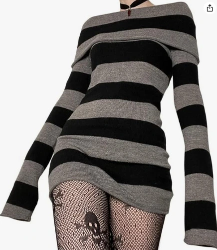 Goblincore Shirt for Women Y2k Aesthetic Grunge Tees 90s Vintage Long Sleeve Cottagecore Stripe Crop Top Streetwear - Black-z Large