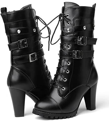 Susanny High Heel Boots for Women,Womens Platform Boot Heels Sexy Round Toe Lace UP High Heels Mid Calf Boots - 11 - Black-m