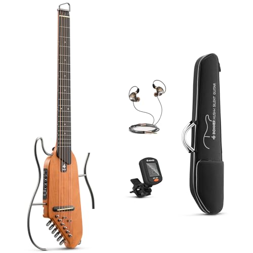 Donner HUSH-I Guitar For Travel - Portable Ultra-Light and Quiet Performance Headless Acoustic-Electric Guitar, Mahogany Body with Removable Frames, Gig Bag,and Accessories - Mahogany - Natural