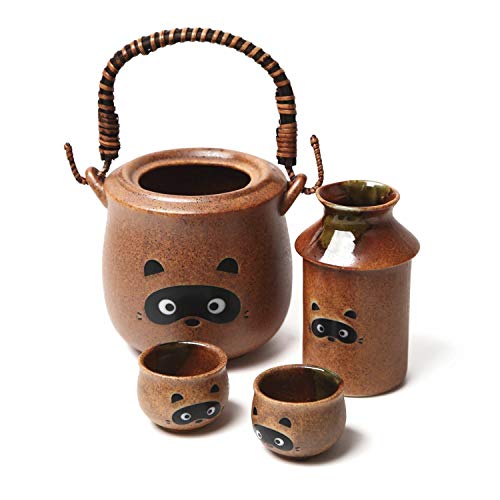 Traditional Japanese Pottery Set – Exquisite Ceramic Sake Set – Japanese Sake Set – Mino Ware Japanese Pottery – 4 pieces Tanuki Raccoon Sake Set with Warmer, Sake Bottle and Sake Cups