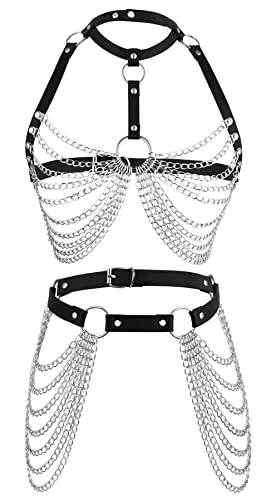 NICEIGHT Punk Leather Body Chains for Women Layered Waist Belly Chain Belt Black Chest Chain Gothic Party Rave Body Jewelry - Black