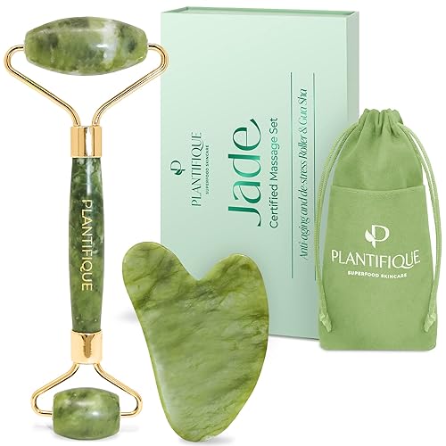 PLANTIFIQUE Jade Roller for Face and Gua Sha Facial Tools - Includes Real Jade Roller and Gua Sha Set - Certified Face Roller and GuaSha for Your Skin Care Routine - Green