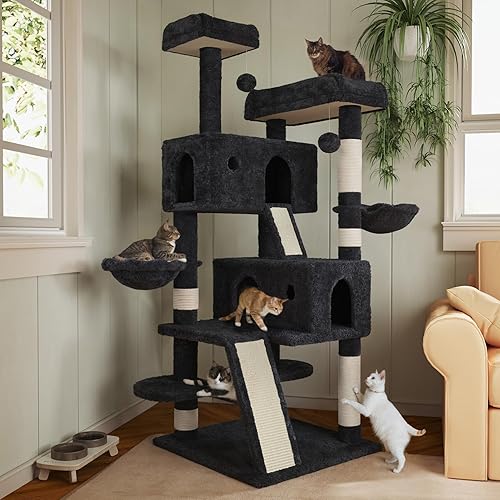 MUTICOR 66 Inches Multi-Level Large Cat Tree Tower for Indoor Big Feline/Cozy Plush Perches/Condo/Sisal Scratching Posts/Hammock and Baskets/Activity Center Play House/Wide Base/Dark Grey - Dark Grey
