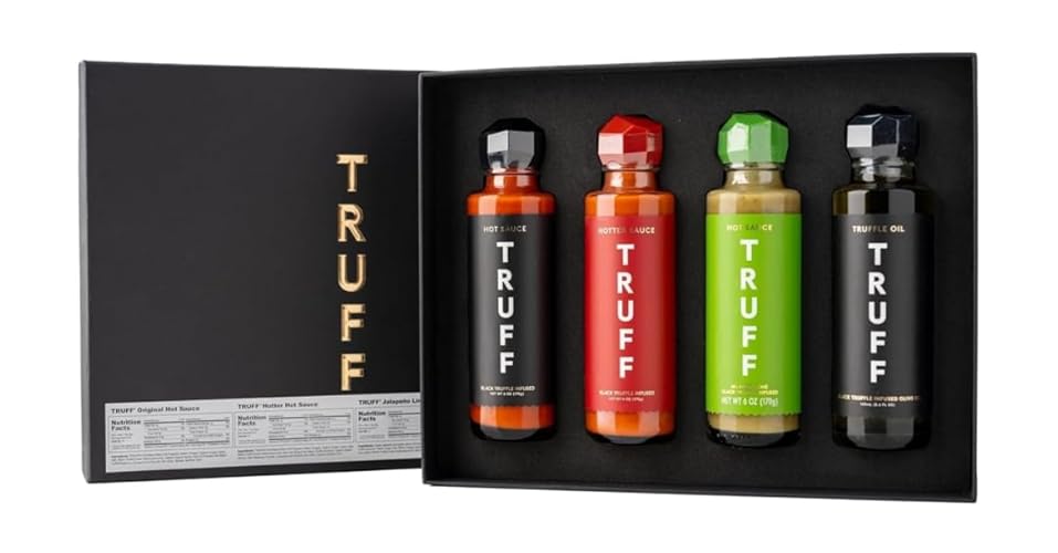 TRUFF Hot Sauce & Oil 4 Pack, Original Hot Sauce, Habanero Hot Sauce, Jalapeño Lime Hot Sauce, Black Truffle Oil - 6 oz bottles, with Alphatek.store sticker