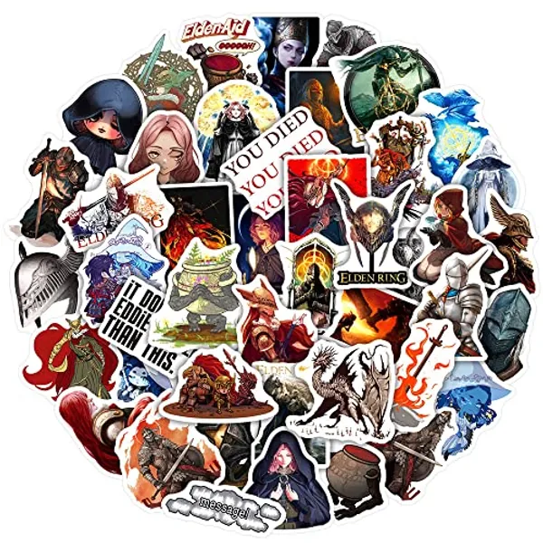 Elden Ring Aufkleber 50 Stück Wasserdichte Cartoon Animation Aufkleber für Laptop Skateboard Handyhülle Computer Gepäck Wasserflasche Fahrrad,Vinyl Der Ringe Spiel Stickers für Erwachsene Kinder