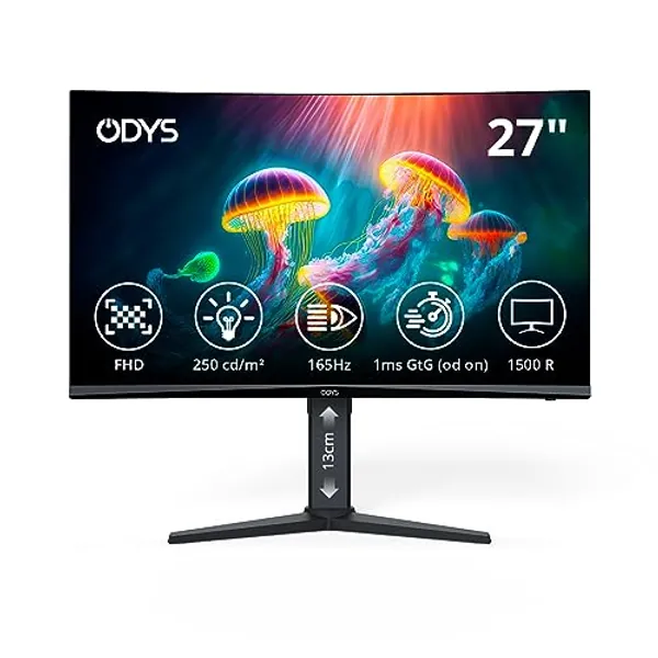 Odys XP27 69cm (27") Vario FHD Curved Gaming Monitor (1.920x1.080 Pixel, 250 cd/m², 165 Hz, 2ms Reaktionszeit, 1500R Radius, Höhenverstellbar, Blaulicht Reduktion, HDMI, Display Port, 3,5mm Audio)