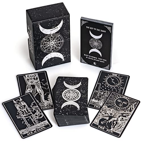 Prophet Silver Foil Tarot Cards Deck,78 Original Tarot Cards Fortune Telling Game with Guide Book for Beginners,Tarot Cards Standard Size4.75" x 2.76" (Black) - Black