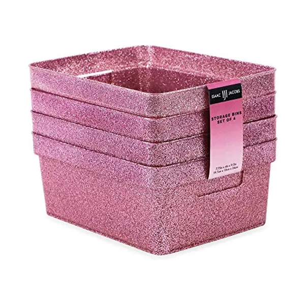 Isaac Jacobs Small Glitter Storage Bin (10” x 7.5” x 4.25”) Set w/Cut-Out Handles, Plastic Organizer, Multi-Functional, Home Storage Solution, Kids Playroom, Bedroom, Closet (4, Pink)