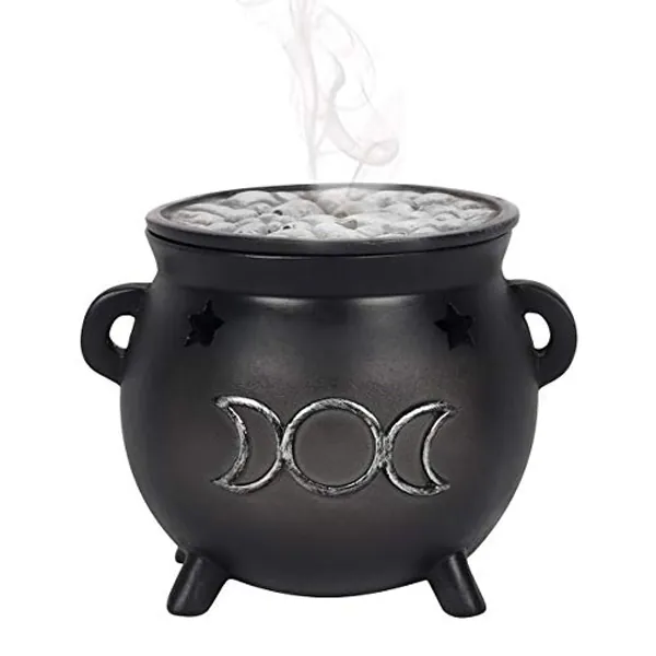 Spirit of Equinox Green Tree Triple Moon Cauldron Incense Holder, Black