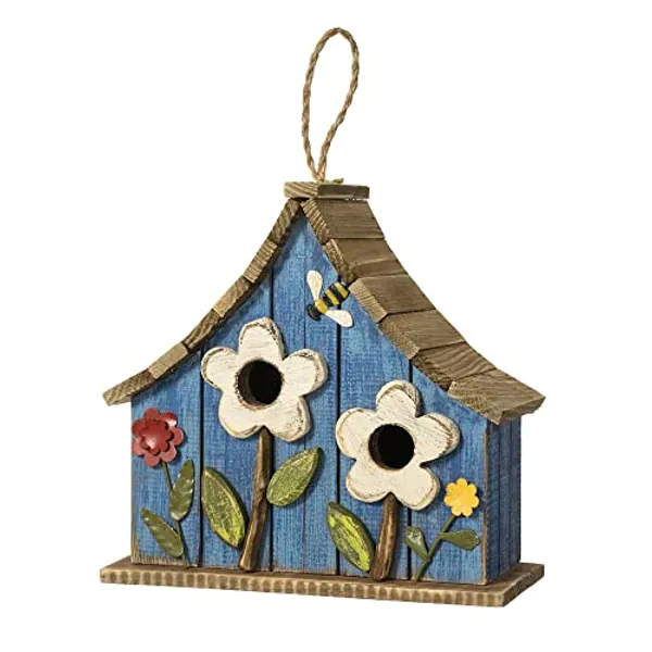 Glitzhome 10.5" H Hanging Birdhouse Washed Blue Distressed Solid Wood Two-Story Townhouse with 3D Flowers for Outside