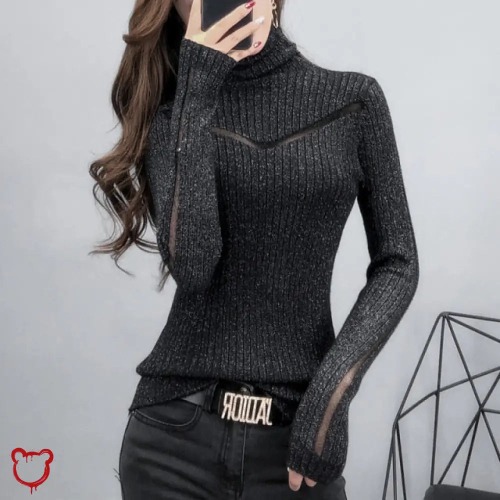 Grunge Grey Turtleneck Alternative Top - Black / M