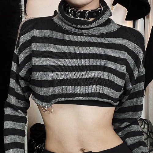 'Spinning out of Control' Grey Striped Knitted Crop Top - Gray / M