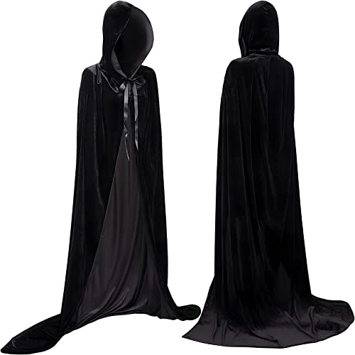 YIHELU Halloween Hooded Black Cape, Long Velvet Cape Unisex Black Cloak For Adults Kids Female Halloween Costumes for Halloween Carnival Witch Vampire Masquerade Cosplay Party (M, Black) - M - Black