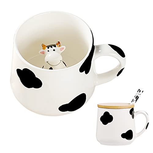 BigNoseDeer Ceramic Cow Mug With 3D Cow Inside, Cow Print Cute Mugs with lid spoon,Cow Figurine Coffee Mug Birthday,Christmas Gifts for Women Kids 13oz - Cow