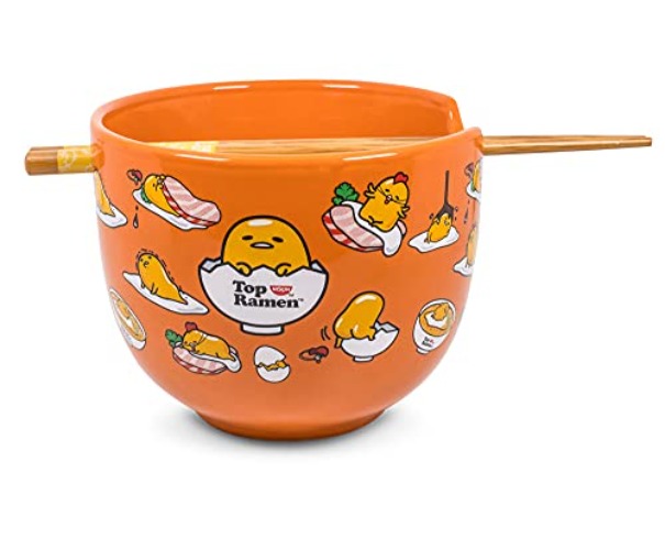 Gudetama Japanese Ceramic Dinnerware Set | Includes 20-Ounce Ramen Bowl and Wooden Chopsticks | Asian Food Dish Set For Home Kitchen | Kawaii Anime Gifts, Official Sanrio Lazy Egg Collectible