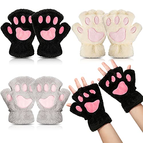 Cat Paw Gloves 3 Pairs Kawaii Gloves Cat Paws Cosplay Faux Fur Plush Cat Gloves Lion Paws Fingerless Gloves for Girls Women - Black, White, Gray