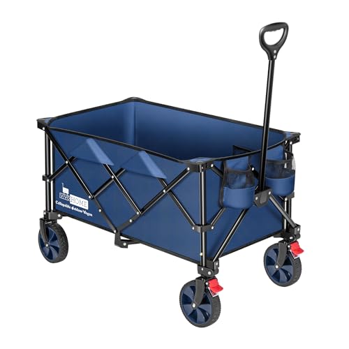 VIVOHOME 200L Collapsible Wagon 300lbs Heavy Duty Folding Utility Garden Cart Foldable Beach Wagons Large Capacity for Camping Picnic - Blue - Blue-Upgraded