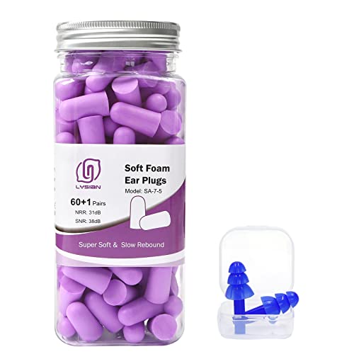 LYSIAN Ultra Soft Foam Earplugs Sleep - 38dB SNR Noise Cancelling Ear Plugs for Sleeping, Shooting, Snoring, Work Loud Sound Reduction- 60 Pairs Valued Pack,Purple - Purple