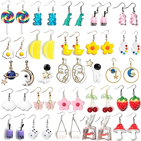 24 Pairs Weird Cute Earrings Drop Dangle Earrings for Women Girls Planet Astronaut Moon and Stars Face Dinosaur Bear Lollipop Fish Strawberry Mushroom Flowers Egg and Many More