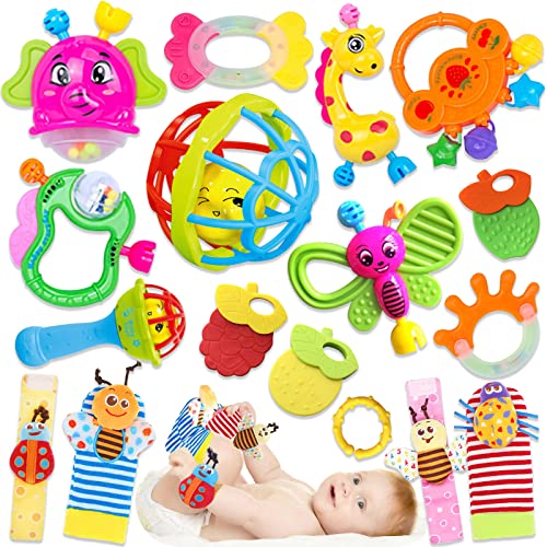 Baby Rattles 0-6 Months - 17 Pcs Baby Rattle Toys Set Infant Toys for 0-3 Months Baby Toys 3-6 Months Newborn Toys with Teething and Wrist Socks Rattle for 0 1 2 3 4 5 6 7 10 12 Month Babies Boy Girl