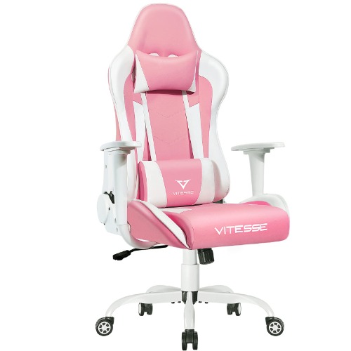 PUKAMI Pink Cute Kawaii Gaming Chair for Girl Ergonomic Desk Racing Office Chair Adjustable High Back Game Chair Swivel Leather Chair with Lumbar Support and Headrest - Pink