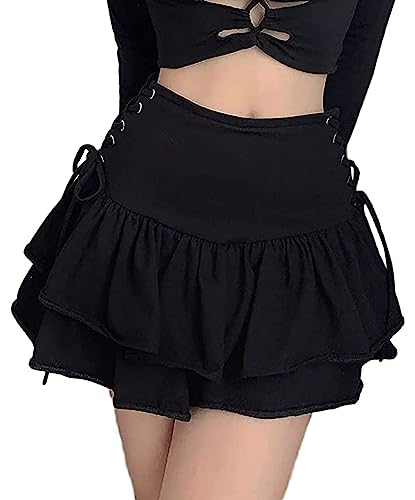FIDDY898 Women’s High Waisted Goth Skirt Black Mini Skirts with Chain Short A-line Pleated School Tennis Skirt Dress - Large - Cb Black