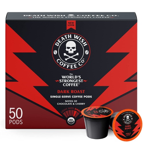 Death Wish Coffee Single Serve Pods - Extra Kick of Caffeine - Dark Roast Coffee Pods - Made with USDA Certified Organic, Fair Trade, Arabica and Robusta Beans (50 Count) - Packaging May Vary - Dark Roast 50 Count (Pack of 1)