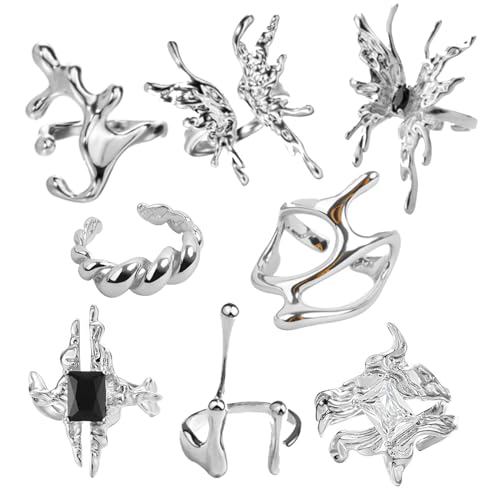SIPENGJEL 8 Pcs Vintage Silver Rings Sets Y2k Goth Coquette Grunge Chunky Stacking Rings For Women Aesthetic Accessories Jewlery Boho Silver Statement Ring Gift