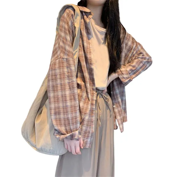 MEOKIM Harajuku Long-Sleeved Plaid Shirt Female Loose All-Match Student Retro Long-Sleeved Shirt Cute Clothes top(Khaki,L) - Khaki Large