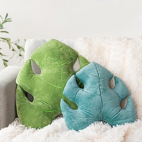 AELS Set of 2 3D Leaves Decorative Throw Pillows, 18" & 14" Monstera Deliciosa Plush Pillow Set for Plant Lovers Garden Lovers, Living Room Bedroom Nursery Decor, Bluish Green & Light Green - Bluish Green & Light Green - 1