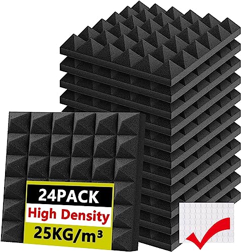 Foneso Acoustic Foam Panels 12'' x 12'' x 2'', Sound Insulation Wall, Pack of 24 Black Acoustic Foam Mats for Sound Studio, Podcast Recording, TV Room, Playrooms and Offices - Black-24 PACK Pyramid Panels