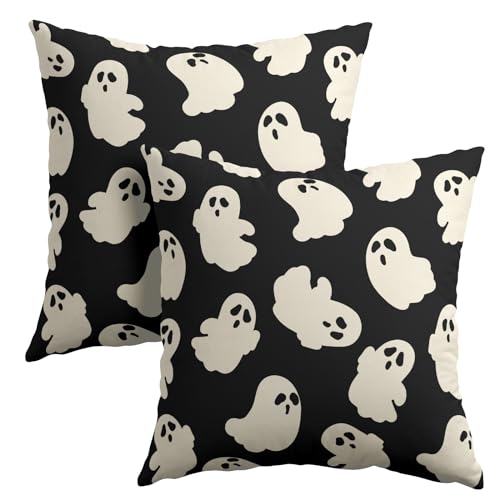 Halloween Ghost Throw Pillow Cover White Spooky Ghost Decor Black Pillowcase 18x18 Inch Set of 2 Happy Halloween Holiday Cushion Covers Farmhouse Cotton Linen Pillow Protector for Home Sofa Patio
