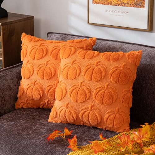 COSIBONO Pumpkin Fall Decorative Throw Pillow Covers 18"x18", Set of 2 Orange Soft Faux Fur Pillow Covers for Autumn Harvest, Fluffy Plush Accent Pillow Cases for Farmhouse Couch Cushion Covers - Orange Pumpkin - 18 x 18-Inch