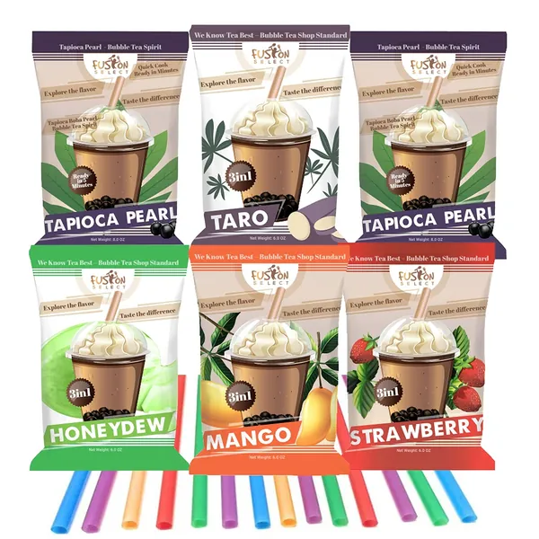 The Ultimate DIY Bubble Tea Kit 4 Flavors of Boba Bubble Tea Drink, 24 Drinks, Taro, Honeydew, Mango and Strawberry Bubble Tea Straws Authentic Bubble Tea Boba Tea Kit Asmr Food