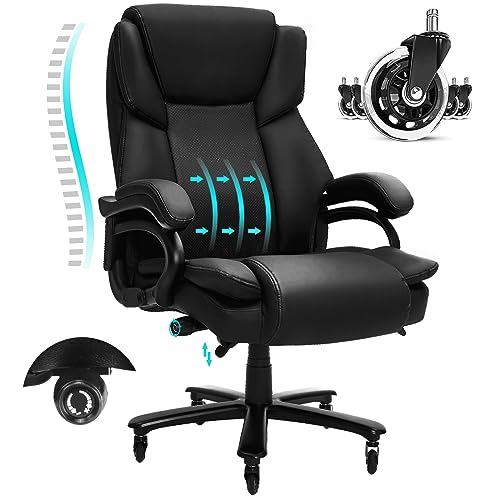 Indulgear Big and Tall Office Chair,500lbs Capacity Heavy Duty Office Chair for Heavy People, High Back Executive Office Chair with Adjustable Lumbar Support, Quiet Rubber Wheel, Thick Padded - Black