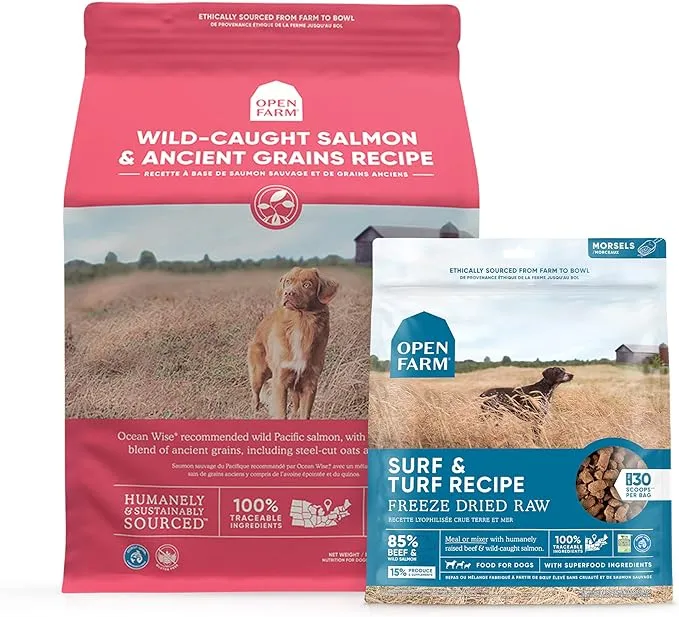 Open Farm Freeze Dried Raw Surf and Turf 3.5 oz & Ancient Grains Wild-Caught Salmon Dry Dog Food 4.5 lbs, Bundle