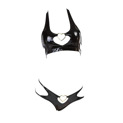 YOMORIO Womens Anime Bikini Swimsuit Two Piece Devil Costumes Sexy Leather Lingerie Outfit - Medium - Leather All Black