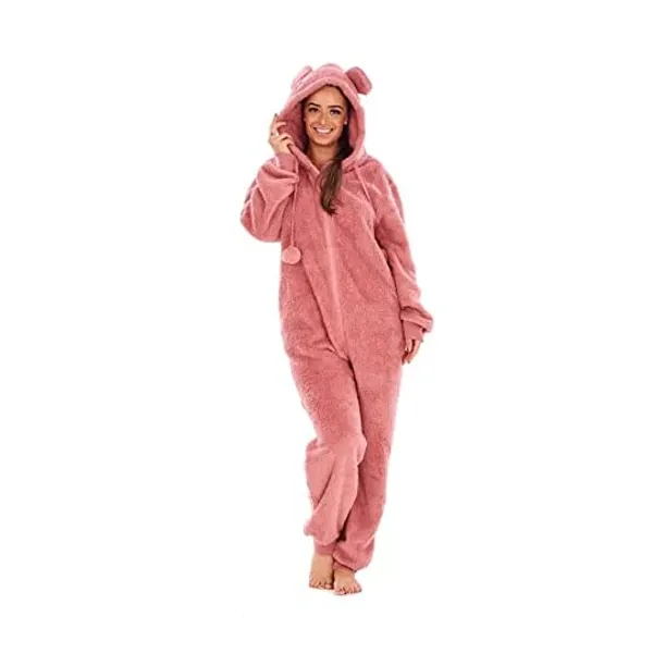
                            Keanu Womens Thick Snuggle Hooded Onesie - Luxury Warm Fleece Novelty Onesie with Pom Poms - Rose Gold, Snow Grey & Black - Sizes 8-20
                        