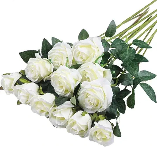 Hawesome 12PCS Artificial Silk Flowers Realistic Roses Bouquet Long Stem for Home Wedding Decoration Party (12PCS-White) - 12pcs-white